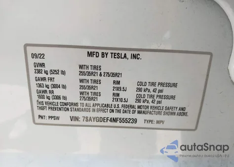 2022 Tesla Model Y из США, поврежденный, VIN 7SAYGDEF4NF555239